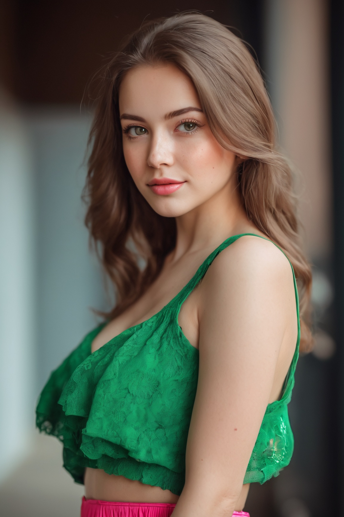 ((27-year-old Russian girl)) with a gorgeous and cute appearance. Capture her with a ((smirk)) and highlighting her ((frec...