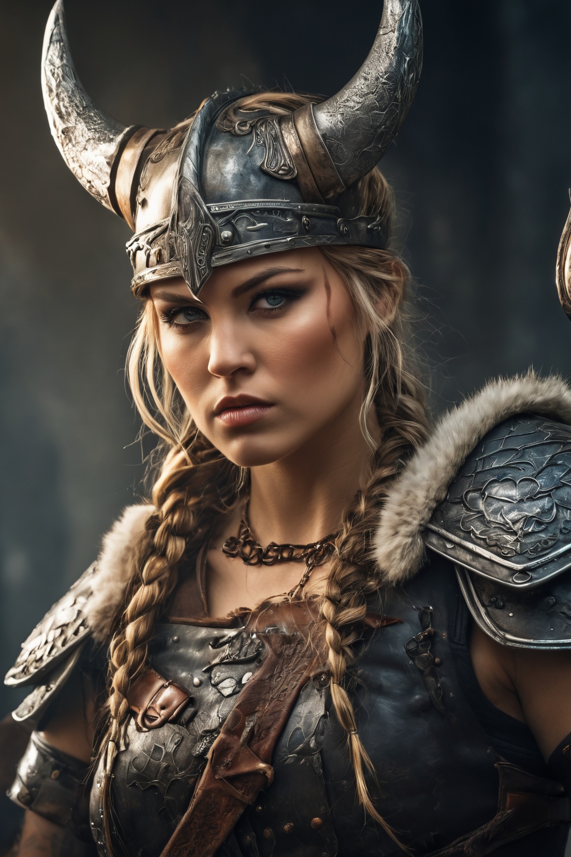 (a fierce viking warrior with a fierce expression,  wearing leather armor and a horned helmet),  beautiful detailed eyes o...