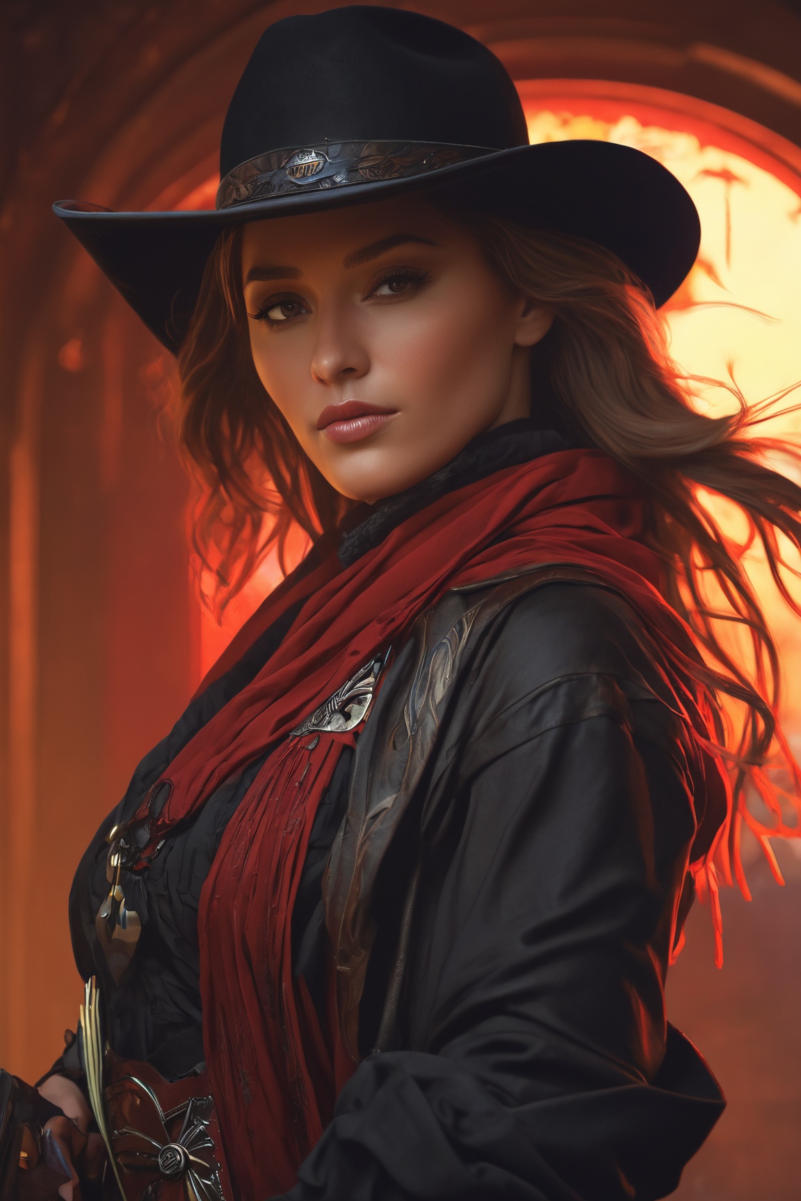 (Create an extraordinary 3D rendering) of a ((female gunslinger)) donned in a captivating mix of ((red and black cowboy ou...