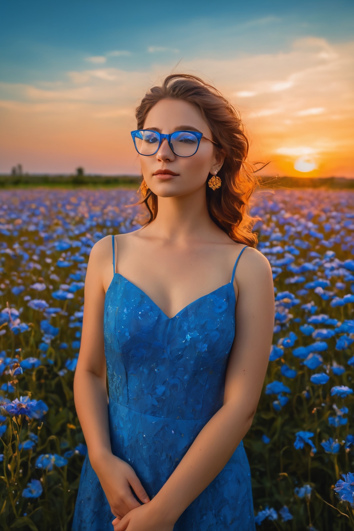 girl in a blue dress with a hair flower,  standing in a vast flower field. The girl is wearing glasses and has beautiful f...