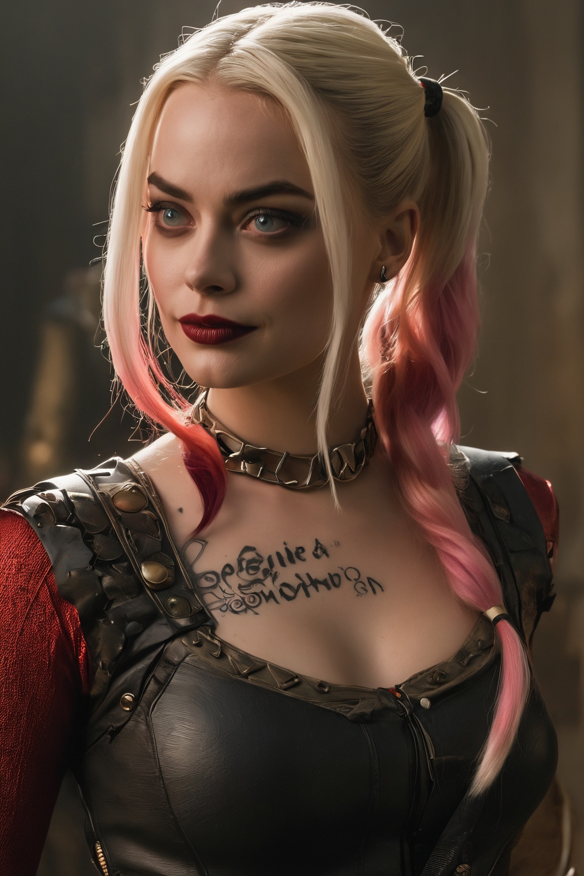 (Create an exceptional masterpiece) featuring ((Margot Robbie as Harley Quinn)) in her portrayal from ((******* Squad)). T...