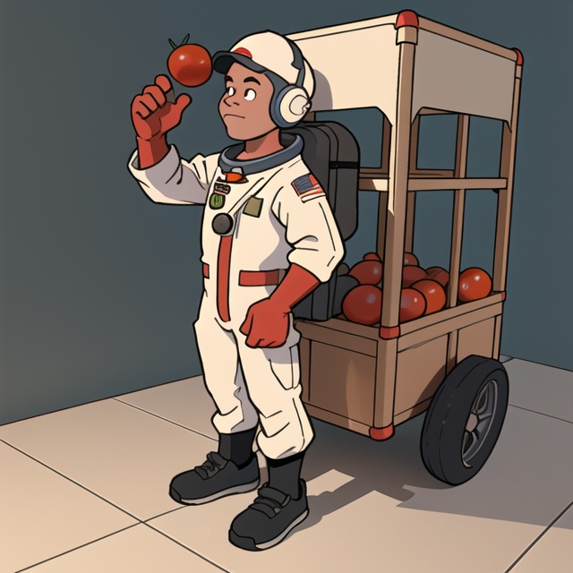 astronaut with a delivery man's bag on his back and a basket of tomatoes in his hand,  mars background,  3d render on Tens...