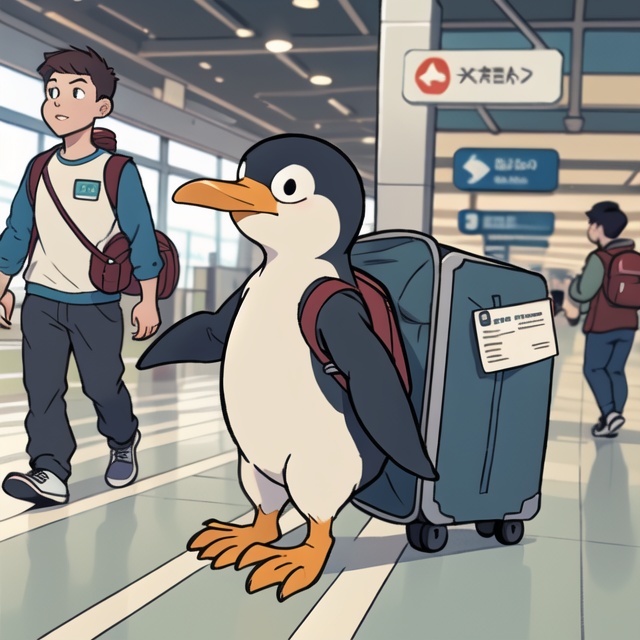 A penguin with a backpack and a boarding pass in the airport ,  toon on Tensor.Art