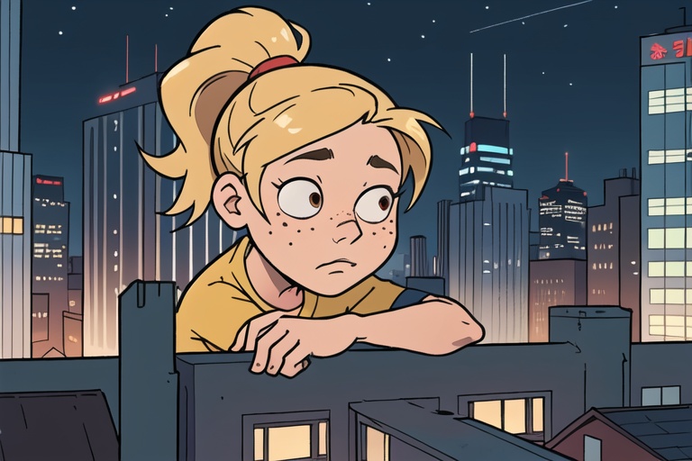 photo of a 20 years old girl with brown shiny eyes,  blonde hair in a ponytail,  deeply sad expression on Tensor.Art