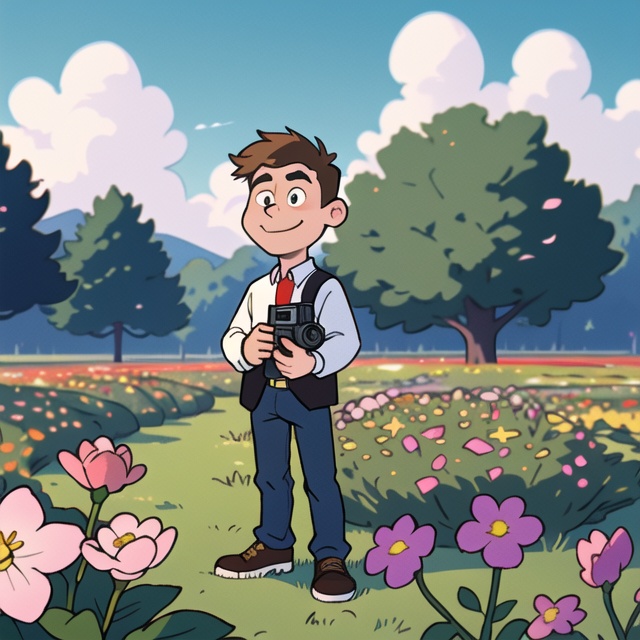 happy Donald Trump standing in a beautiful field of flowers,  colorful flowers everywhere,  perfect lighting on Tensor.Art