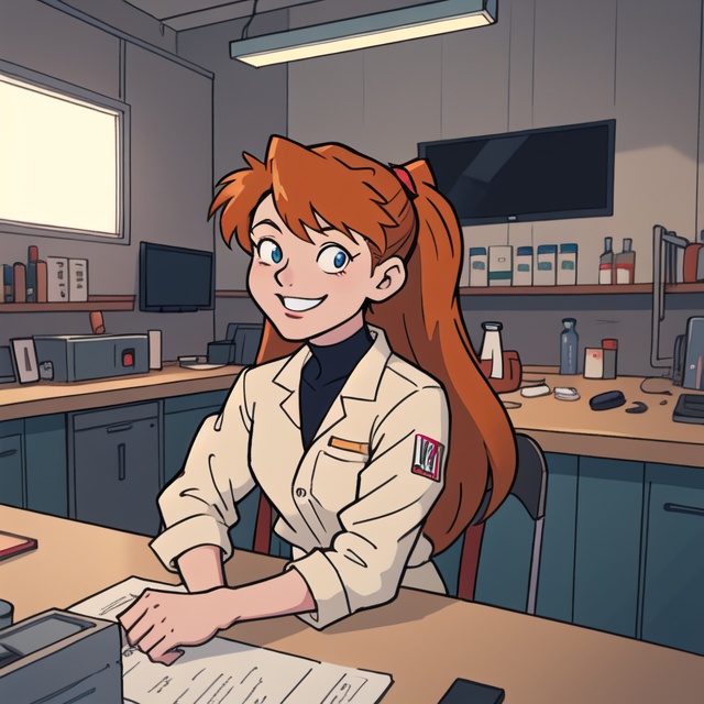 Anime illustration of smiling happy Asuka Langley Soryu from Neon Genesis Evangelion,  inside the LAB,  detailed scene on...