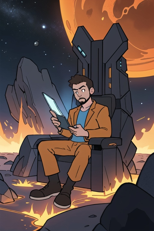Draw a young man programmer,  sitting on a research platform floating in the middle of an asteroid belt. He is studying wi...
