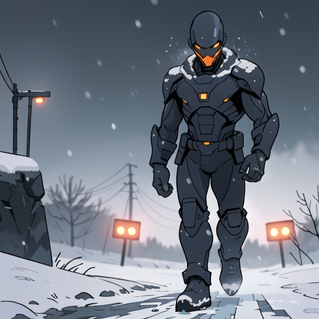 A alien soldier monster ,  distant full body portrait in a landscape ,  wearing black whit orange lights on Tensor.Art