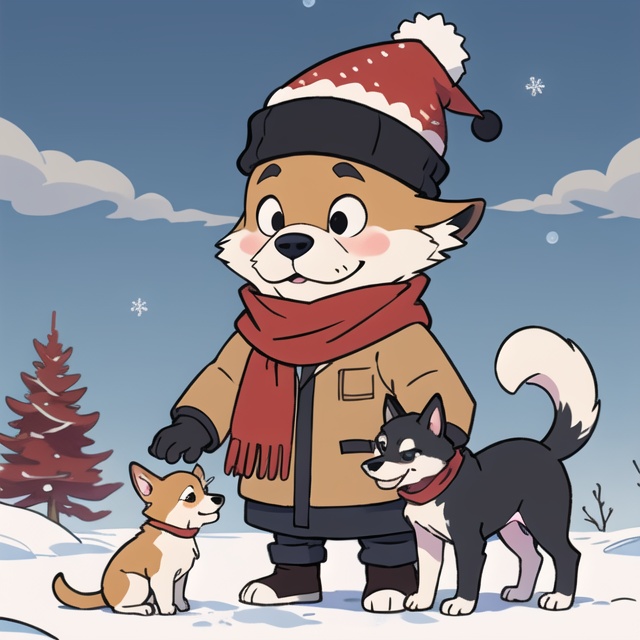 A cute puppy wearing a winter hat and scarf ,  toon on Tensor.Art