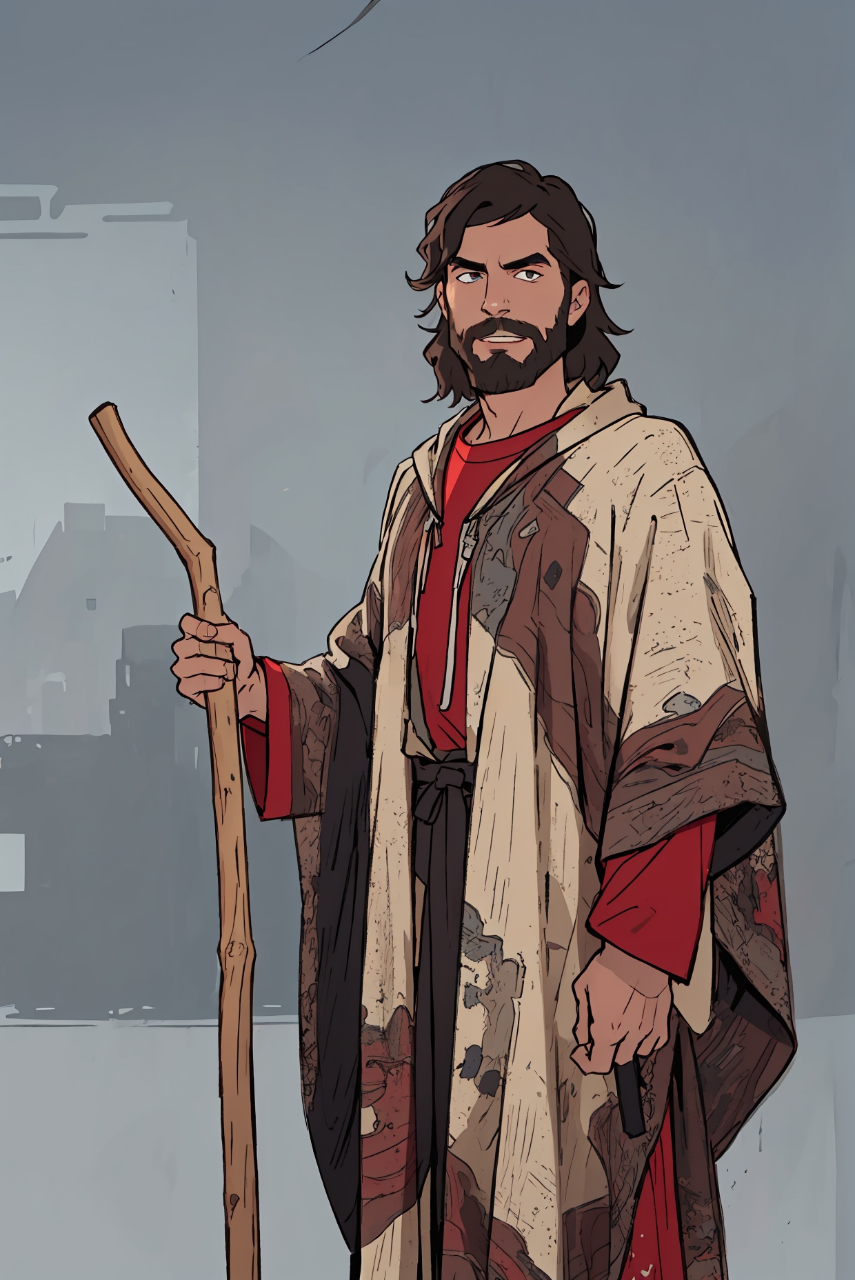 a man dressed as jesus holding a stick,  zachary quinto,  inspired by Óscar Domínguez on Tensor.Art