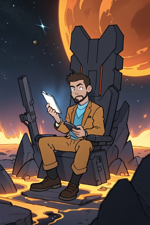 Draw a young programmer,  sitting on a research platform floating in the middle of an asteroid belt. He is studying with a...