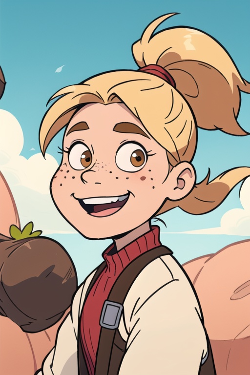 photo of a 20 years old girl with brown shiny eyes,  blonde hair in a ponytail,  deeply happy expression on Tensor.Art