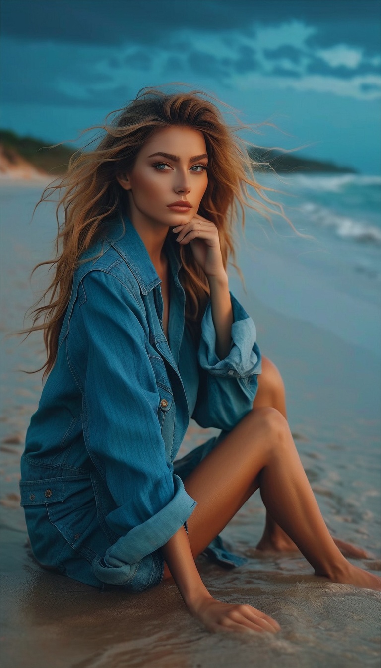  (tmasterpiece:1.3), (8K, realisticlying, RAW photogr, Best quality at best: 1.4), , ultra - detailed, Cinematic lighting, HighDynamicRange, illustratio, The landscape, 1 french girl, (pastelcolor), post apocalyptic beach, natta, Desolate atmosphere, girl sitting on the sand, Cover vegetation, (overcast day), The waves lapping against the shore, (Melancholy but hopeful), quiet moment of rest, (Detailed texture), Hair blown by the wind, Cloudy at night, Beautiful hairstyle, photorealistic eye, pretty eyes, pretty eyes, (Realistic skin), Beautiful skins, Attractive, hyper HD, k hd, the golden ratio, the detail,Blue pupileautiful pupil