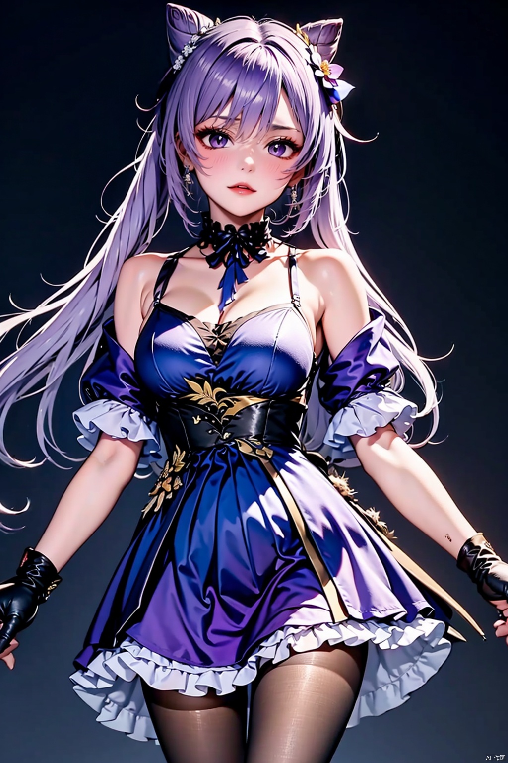 masterpiece,(the best:1.1),wallpaper,8K,absurdres,a high-resolution,superdetailing,
high detail skin,beauty face,PERFECT FACE,white and shiny skin,detailed skin,
mid_shot,Volumetric Lighting,simple background,grey background,
solo,medium breasts,open your legs,perfect proportion,
1girl,keqing (genshin impact),solo,gloves,purple hair,pantyhose,black background,hair bun,twintails,long hair,simple background,cone hair bun,hair ornament,purple eyes,dress,looking at viewer,black pantyhose,frills,detached sleeves,bangs,jewelry,breasts,black gloves,earrings,hand on own chest,choker,closed mouth,flower,bare shoulders,double bun,frilled sleeves,frilled dress,standing