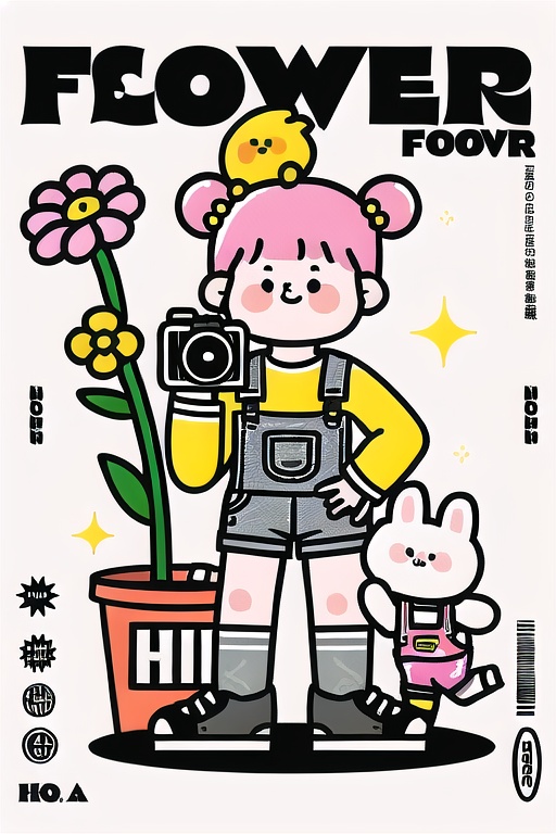 chahua,  camera,  1girl,  shirt,  overalls,  holding camera,  shoes,  flower,  double bun,  holding,  hair bun,  barcode,  pink hair,  long sleeves,  white shirt,  print shirt,  pink shirt,  yellow flower,  bangs,  blue overalls,  sparkle,  shorts,  blue shorts,  socks,  rabbit,  bag,  leaf,  solo,  english text,  holding flower,  black footwear,  grey footwear,  short hair,  hair ornament,  white background,  overall shorts,<lora:EMS-206510-EMS:1.000000>