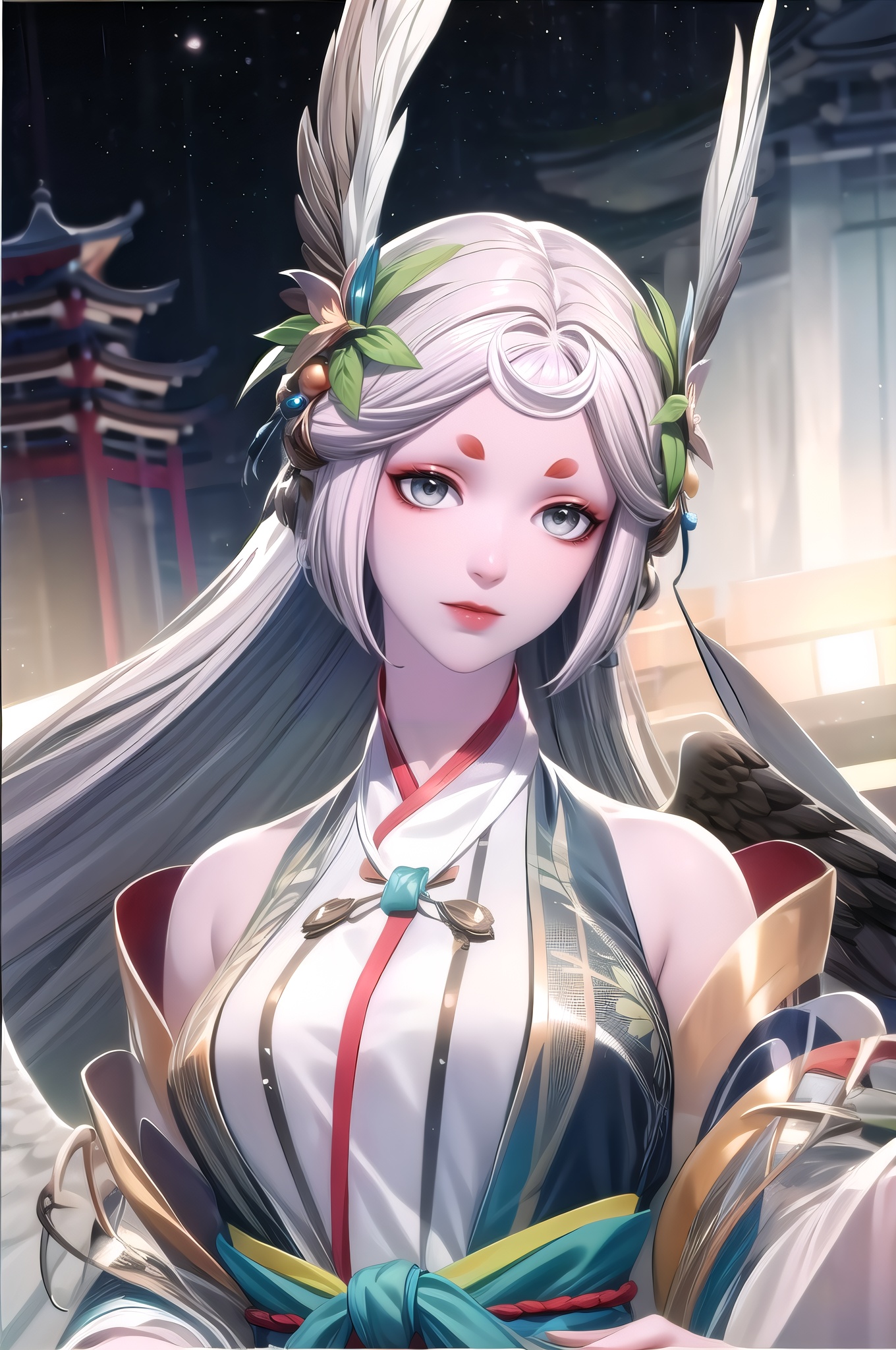 yuanshen, 1girl, solo, wings, long hair, white hair, hair ornament, grey eyes, head wings, chinese clothes, east asian architecture, orb, architecture, hanfu,(upper_body:1.5),nice hands, perfect balance, looking at viewer, closed mouth, (Light_Smile:0.3), official art, extremely detailed CG unity 8k wallpaper, perfect lighting, Colorful, Bright_Front_face_Lighting, White skin, (masterpiece:1), (best_quality:1), ultra high res, 4K, ultra-detailed, photography, 8K, HDR, highres, absurdres:1.2, Kodak portra 400, film grain, blurry background, bokeh:1.2, lens flare, (vibrant_color:1.2), professional photograph, (narrow_waist),