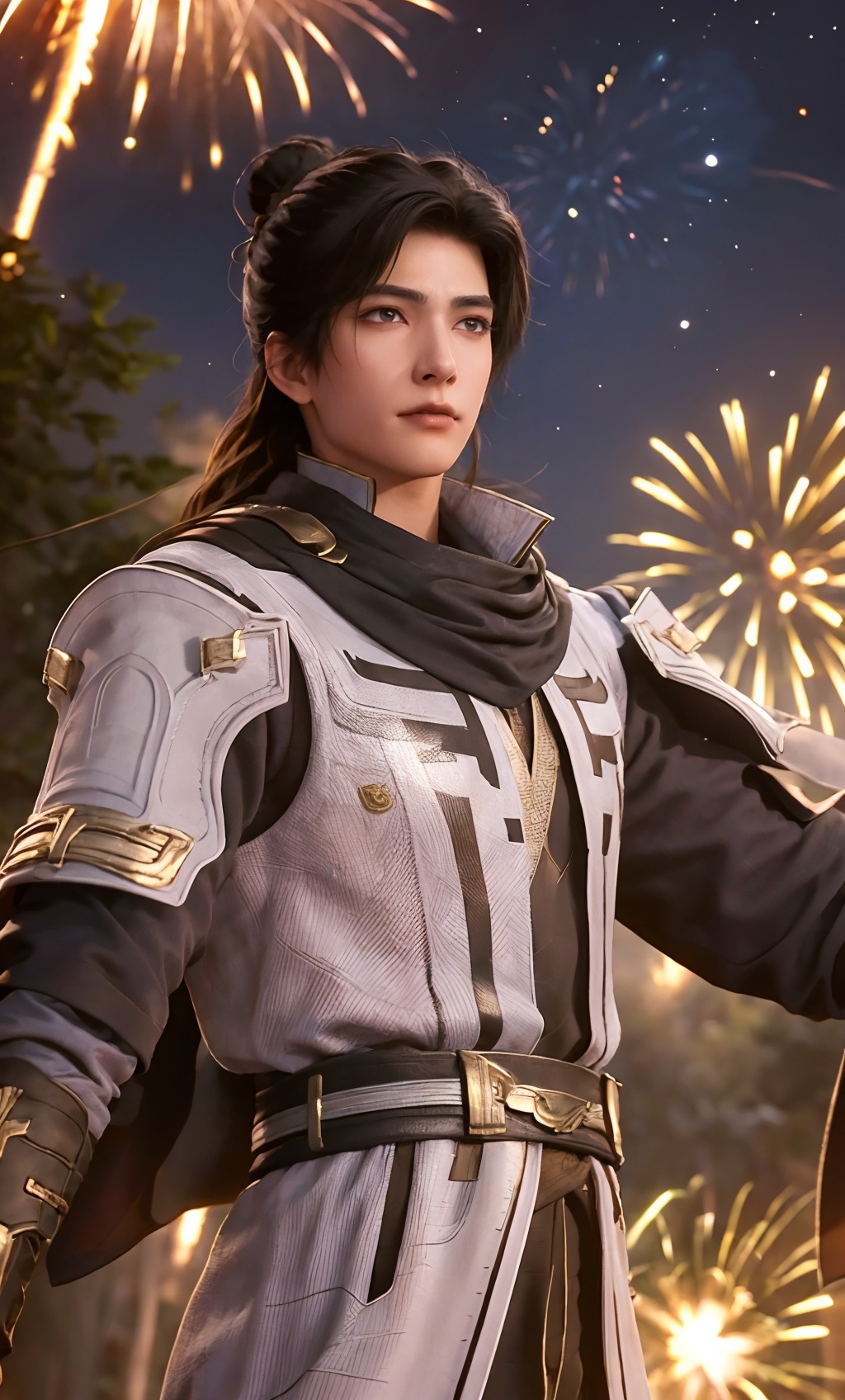 masterpiece,best quality,cinematic lighting,front light,professional lighting,physically-based rendering,solo focus,sharp focus,CG,(1boy:1.4),(YFCZR:1.2),solo,longhair,male focus,Light blue clothes,scarf,(single hair bun,the lower hem of a gown:1.1),officialart,unity8kwallpaper,ultradetailed,beautifulandaesthetic,beautiful,masterpiece,bestquality,(the gloomy night:1),night,(fireworks:1.2),(sevencolors:1.1),Sparkling stars all over the sky,dynamicangle,cowboyshot,elegant,abrutalistdesigned,vividcolours,romanticism,atmospheric,(the background is Beautiful starry sky:1),(Shining Star River:1),(the background is Beautiful starry sky:1.1),(Shining Star River:1.1),<lora:yh_20231021231952-000018七彩烟花:0.1>,<lora:YFCZR_20231206175833-000006:0.7>,