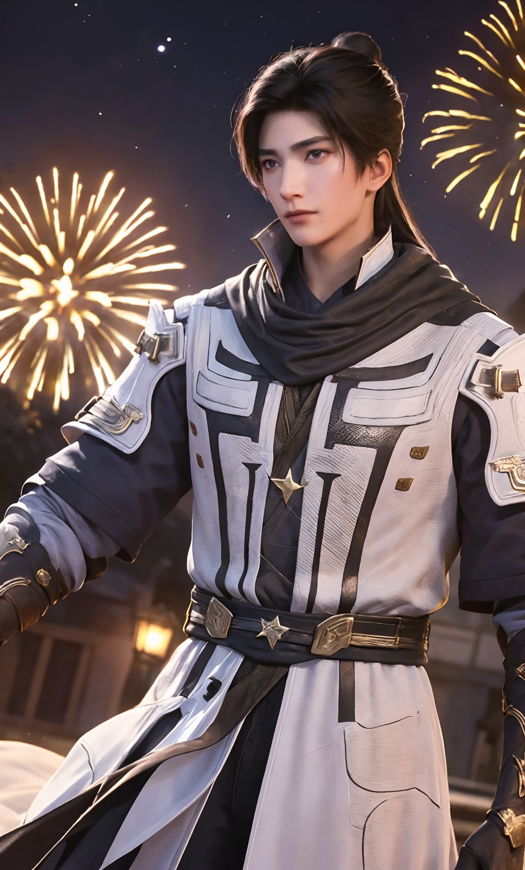 masterpiece,best quality,cinematic lighting,front light,professional lighting,physically-based rendering,solo focus,sharp focus,CG,(1boy:1.4),(YFCZR:1.2),solo,longhair,male focus,Light blue clothes,scarf,(single hair bun,the lower hem of a gown:1.1),officialart,unity8kwallpaper,ultradetailed,beautifulandaesthetic,beautiful,masterpiece,bestquality,(the gloomy night:1),night,(fireworks:1.2),(sevencolors:1.1),Sparkling stars all over the sky,dynamicangle,cowboyshot,elegant,abrutalistdesigned,vividcolours,romanticism,atmospheric,(the background is Beautiful starry sky:1),(Shining Star River:1),(the background is Beautiful starry sky:1.1),(Shining Star River:1.1),<lora:yh_20231021231952-000018七彩烟花:0.1>,<lora:YFCZR_20231206175833-000006:0.7>,