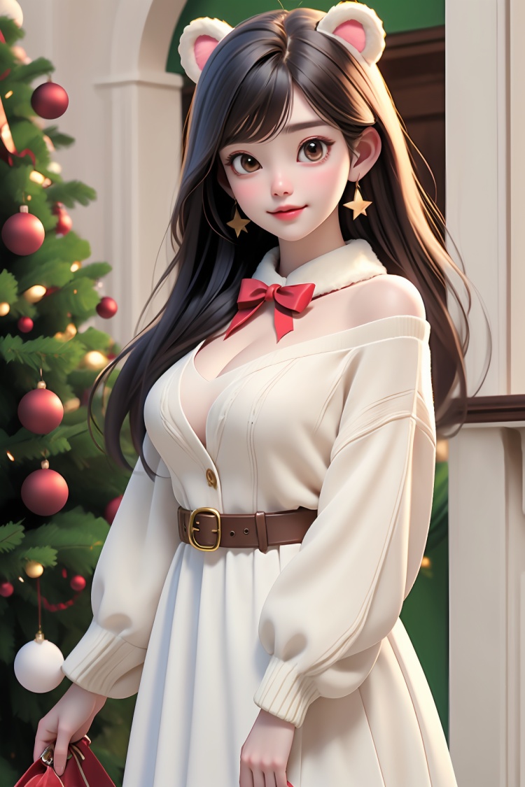  1girl,solo,breasts,christmas tree,jewelry,earrings,long hair,looking at viewer,white hair,brown eyes,sweater,cleavage,dress,white sweater,animal ears,bow,christmas,bangs,long sleeves,fur trim,red bow,lips,cowboy shot,sleeves past wrists,belt,swept bangs,white dress,large breasts,sweater dress,christmas ornaments,off shoulder,star (symbol),standing,bear ears,short dress,,normal fingers,圣诞节