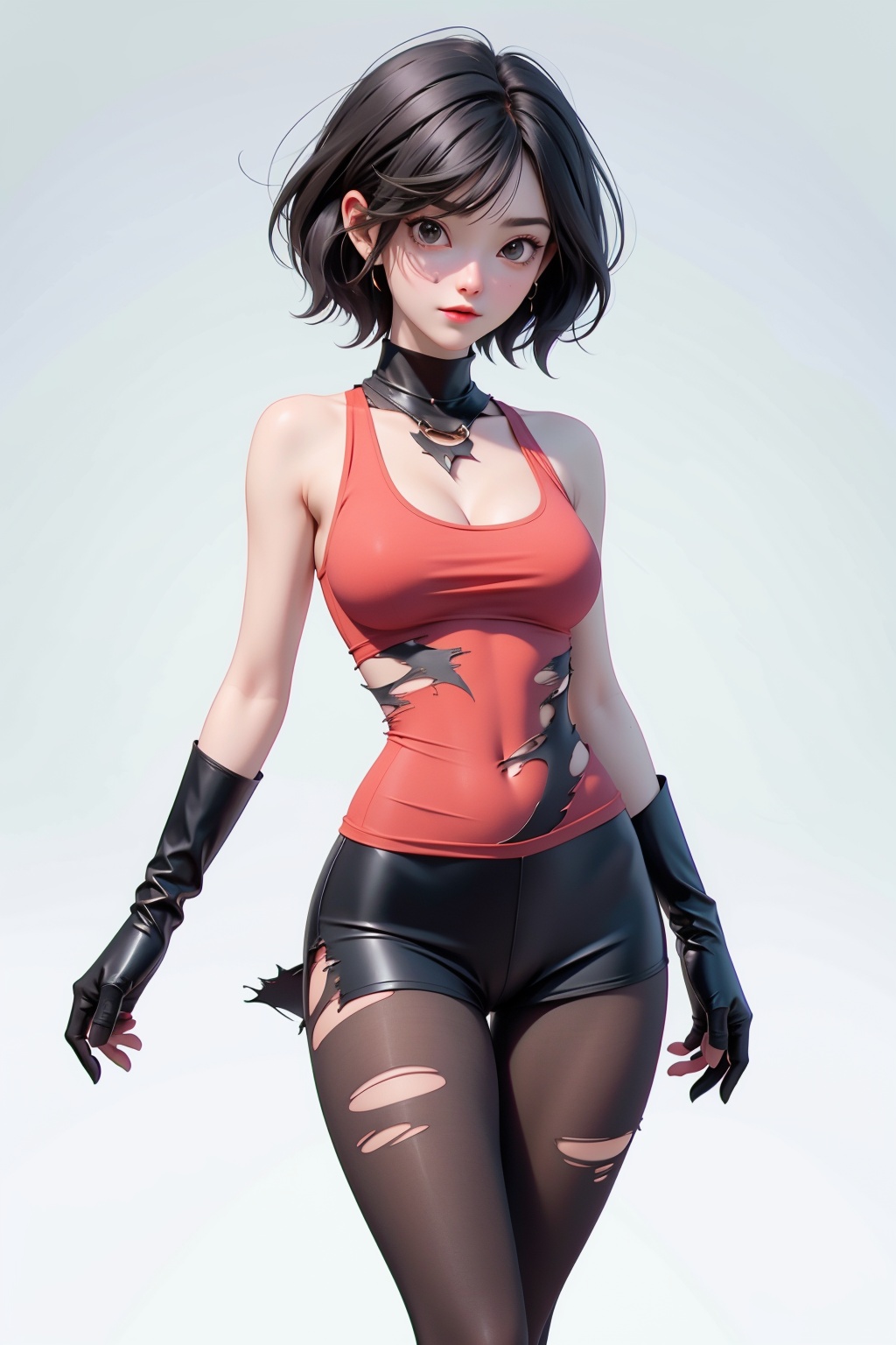  (1girl), (shoulder length short hair), solo, standing,gloves, red_****_top, black underwear, cleavage, black skirt, long legs, pantyhose, (torn pantyhose:1.2), black tactical boots, (white_backgrounds:1.2), eastern dragon