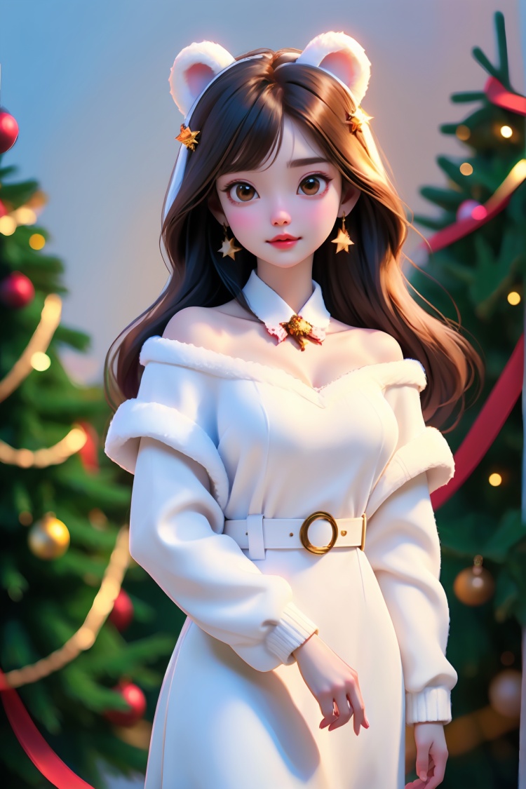  1girl,solo,breasts,christmas tree,jewelry,earrings,long hair,looking at viewer,white hair,brown eyes,sweater,cleavage,dress,white sweater,animal ears,bow,christmas,bangs,long sleeves,fur trim,red bow,lips,cowboy shot,sleeves past wrists,belt,swept bangs,white dress,large breasts,sweater dress,christmas ornaments,off shoulder,star (symbol),standing,bear ears,short dress,,normal fingers,圣诞节, monkren
