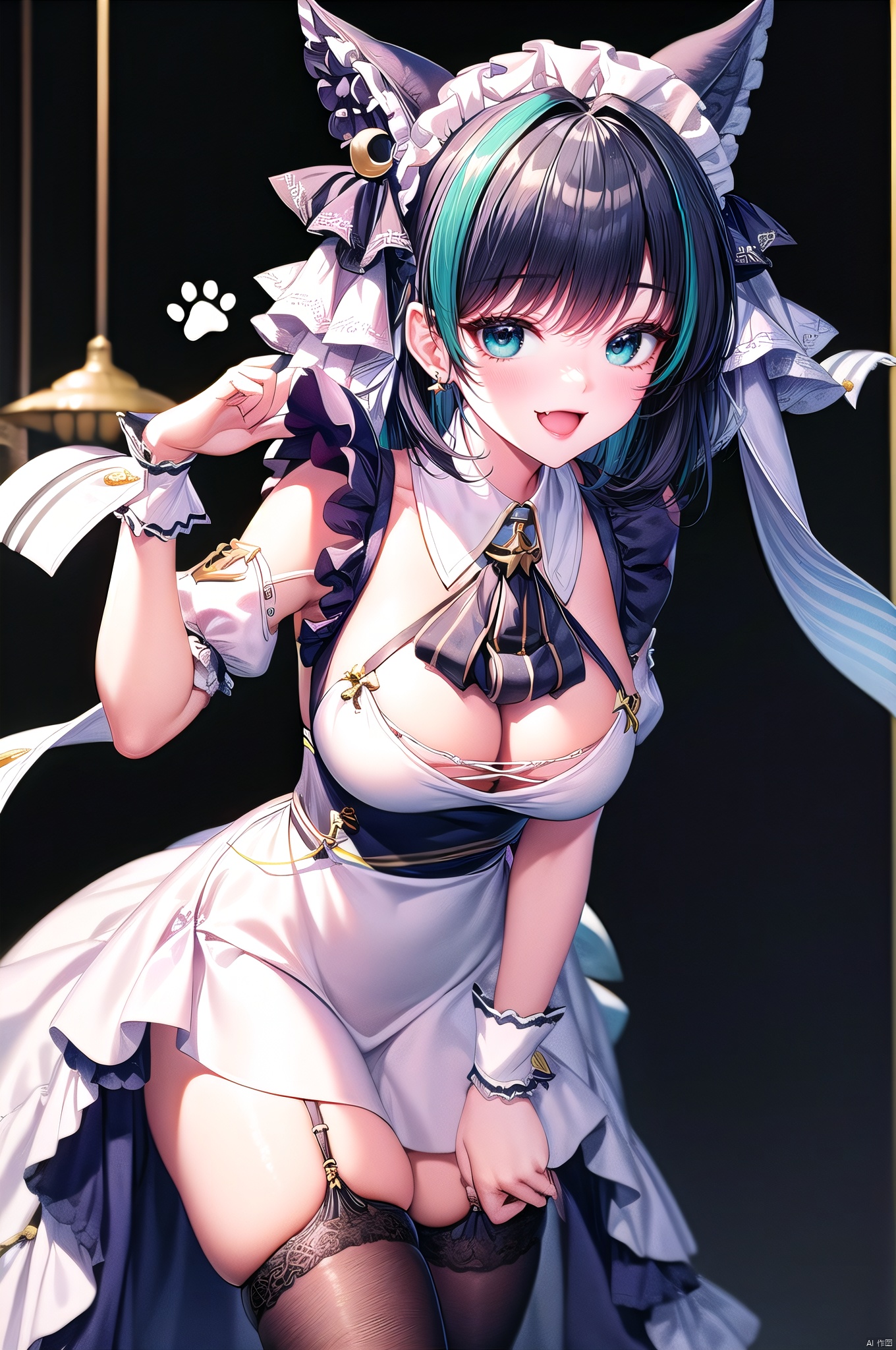yuanshen, 1girl, cheshire \(azur lane\), solo, thighhighs, multicolored hair, white thighhighs,  looking at viewer, streaked hair, garter straps, smile, dress, leaning forward, open mouth, black hair, wrist cuffs, paw print, maid headdress, frills, fang, animal ears, detached sleeves, aqua eyes, maid, ribbon, blush, bangs, puffy detached sleeves, :d, puffy sleeves, paw print background, frilled hairband, earrings, :3, two-tone hair, jewelry, hand up, skin fang, crescent, frilled ribbon,nice hands,