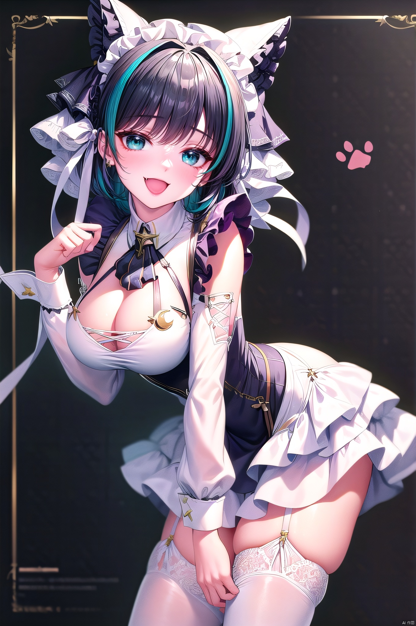 yuanshen, 1girl, cheshire \(azur lane\), breasts, solo, thighhighs, multicolored hair, white thighhighs,  looking at viewer, streaked hair, garter straps, smile, dress, leaning forward, open mouth, black hair, wrist cuffs, paw print, maid headdress, frills, fang, animal ears, detached sleeves, aqua eyes, maid, ribbon, blush, simple background, bangs, puffy detached sleeves, :d, puffy sleeves, paw print background, frilled hairband, earrings, :3, two-tone hair, jewelry, hand up, skin fang, crescent, frilled ribbon,nice hands,