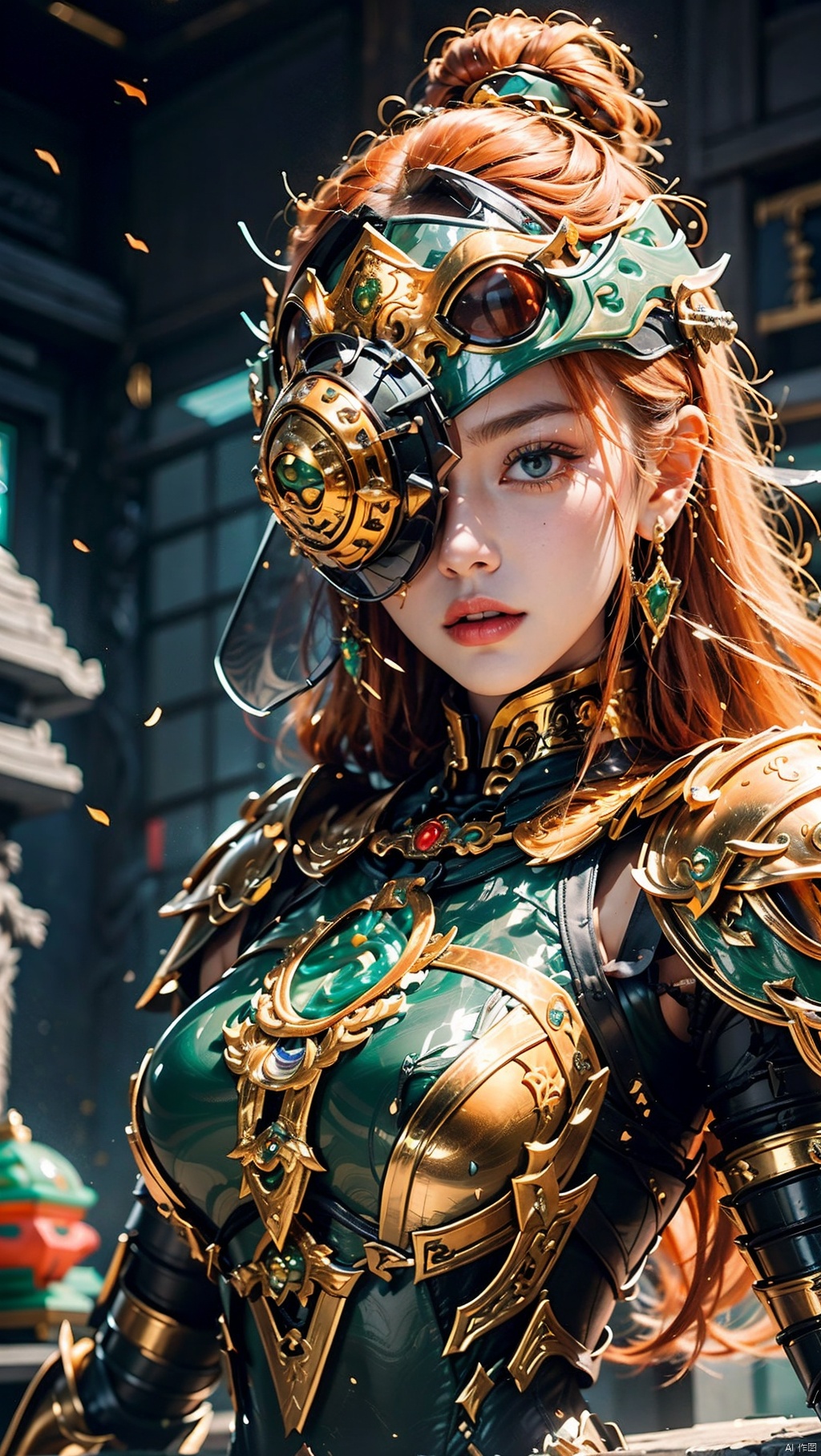  Cuiyu Armor,1girl, armor, blurry background, breasts, depth of field,Jade carved armor,(Half covered face armor:1.3),Emerald Armor,Cyclops,Upper body,Above the buttocks,Set orange jade balls on the face armor,Jade inlaid gold shoulder armor,Jade breastplate,Orange hair,Full body armor, earrings, goggles, helmet, jewelry, lips, long hair, looking at viewer, solo, upper body, Multidimensional diffraction paper, glow