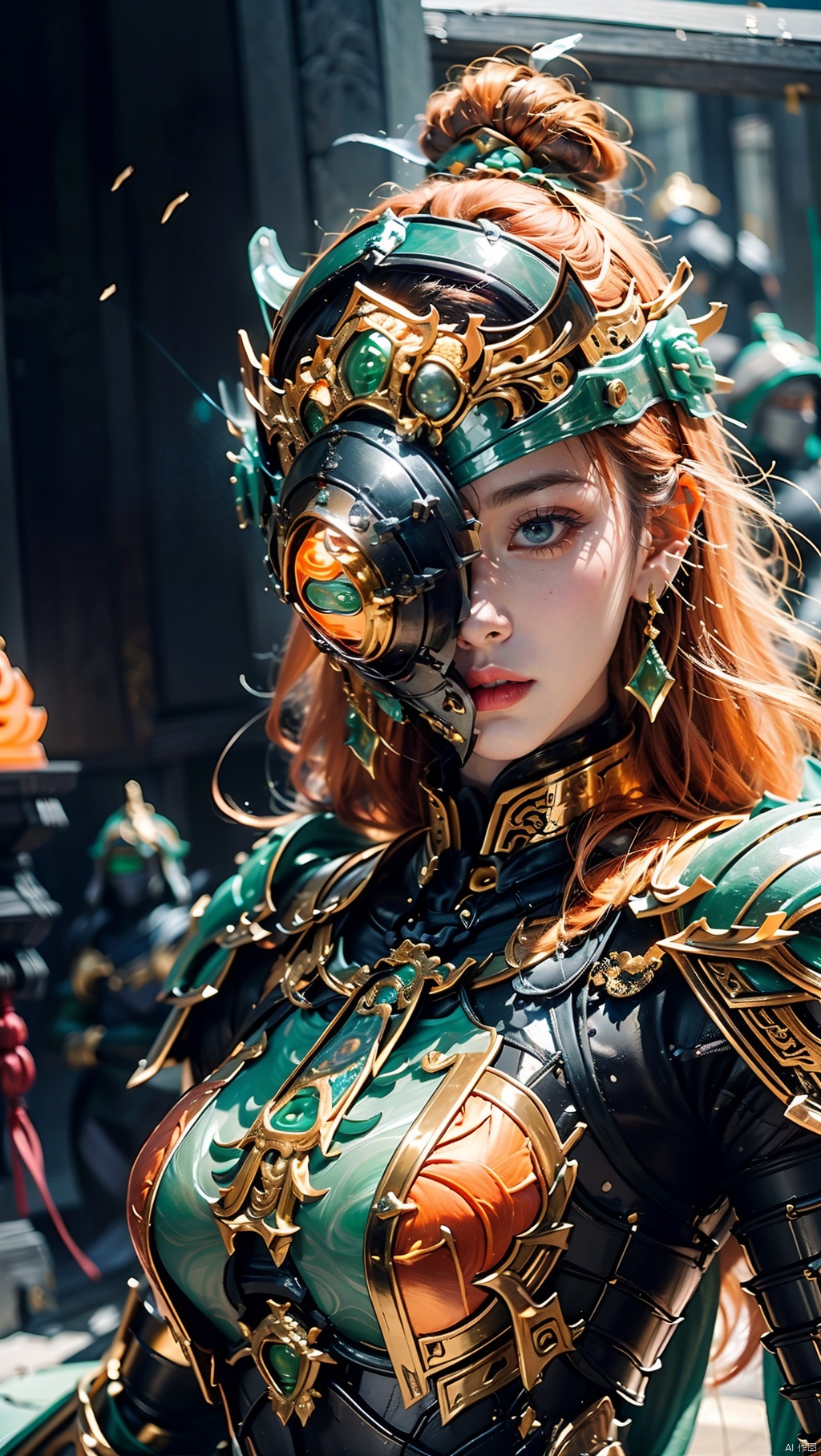  Cuiyu Armor,1girl, armor, blurry background, breasts, depth of field,Jade carved armor,(Half covered face armor:1.3),Emerald Armor,Cyclops,Upper body,Above the buttocks,Set orange jade balls on the face armor,Jade inlaid gold shoulder armor,Jade breastplate,Orange hair,Full body armor, earrings, goggles, helmet, jewelry, lips, long hair, looking at viewer, solo, upper body, Multidimensional diffraction paper, glow