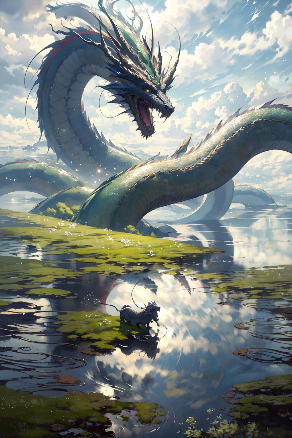 (masterpiece:1.2),best quality,PIXIV,Chinese dragon,cloud,outdoors,water,sky,cloudy sky,scenery,dragon,reflection,eastern dragon,grass,day,oversized animal,fantasy,<lora:Chinese dragon-000014:1>,