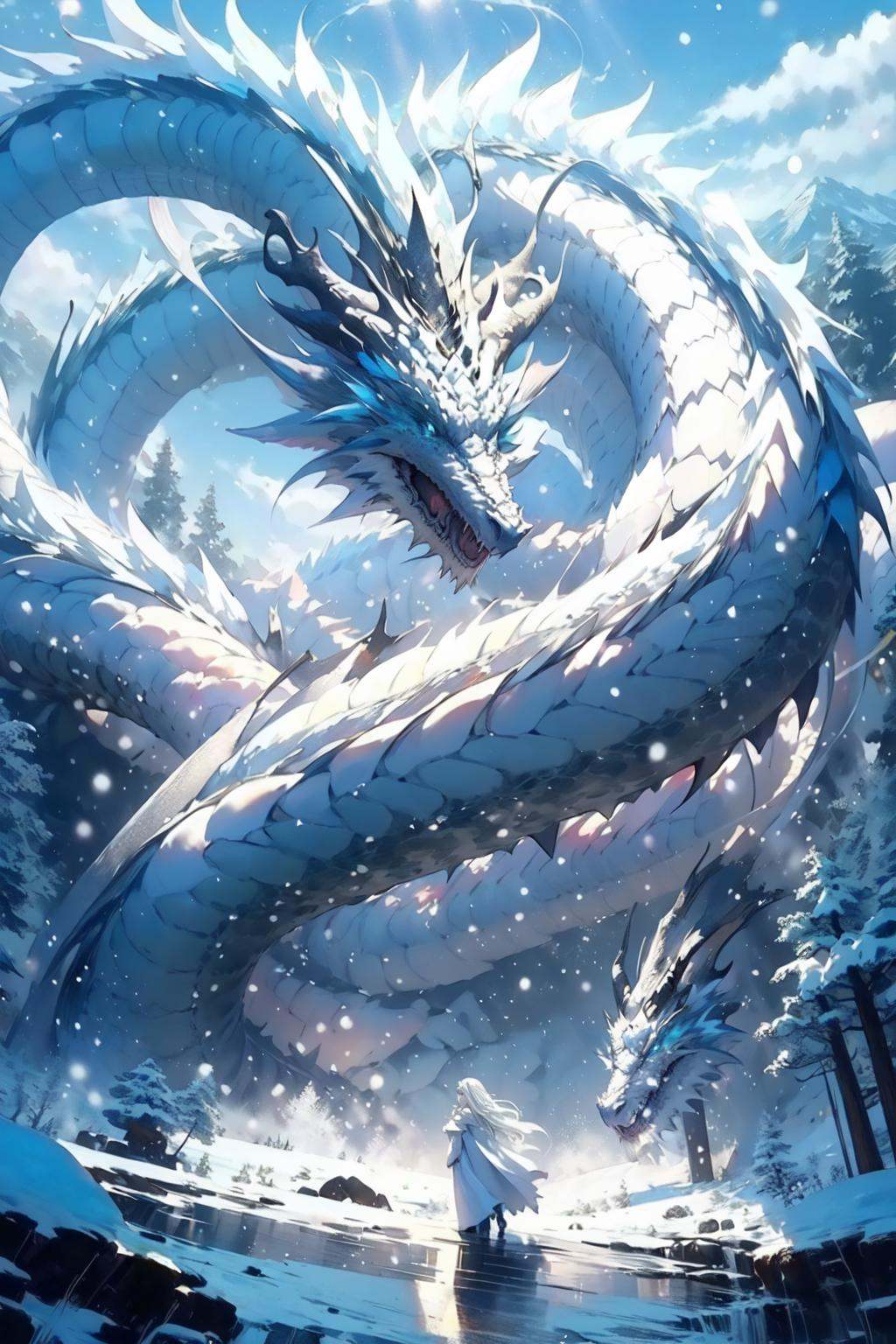 (masterpiece:1.2),best quality,PIXIV,Chinese dragon,dragon, snow, long hair, 1girl, outdoors, sky, cloud, white hair, horns, mountain, day, tree, very long hair, snowing, blue eyes, scenery, light rays, robe, sunlight<lora:Chinese dragon-000014:1>,