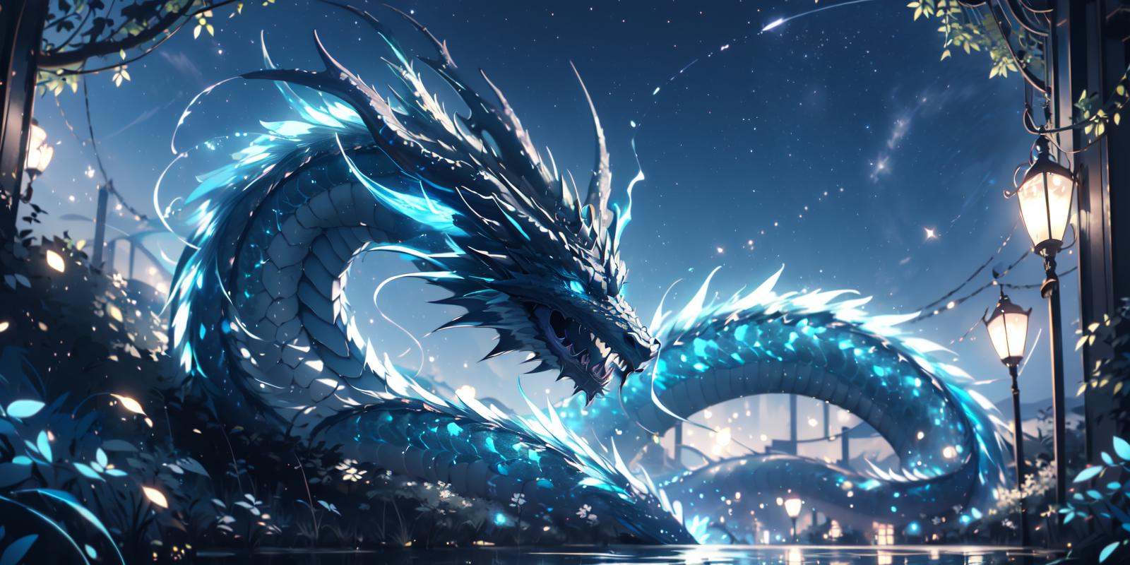(masterpiece:1.2),best quality,PIXIV,Chinese dragon,no humans,dragon,blue eyes,glowing,night,nature,horns,outdoors,water,<lora:Chinese dragon-000014:1>,