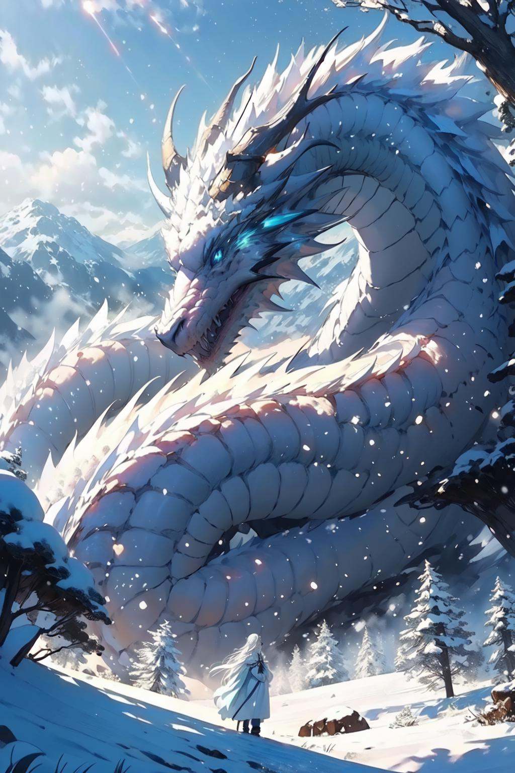 (masterpiece:1.2),best quality,PIXIV,Chinese dragon,dragon,snow,long hair,1girl,outdoors,sky,cloud,white hair,horns,mountain,day,tree,very long hair,snowing,blue eyes,scenery,light rays,robe,sunlight,<lora:Chinese dragon-000014:1>,