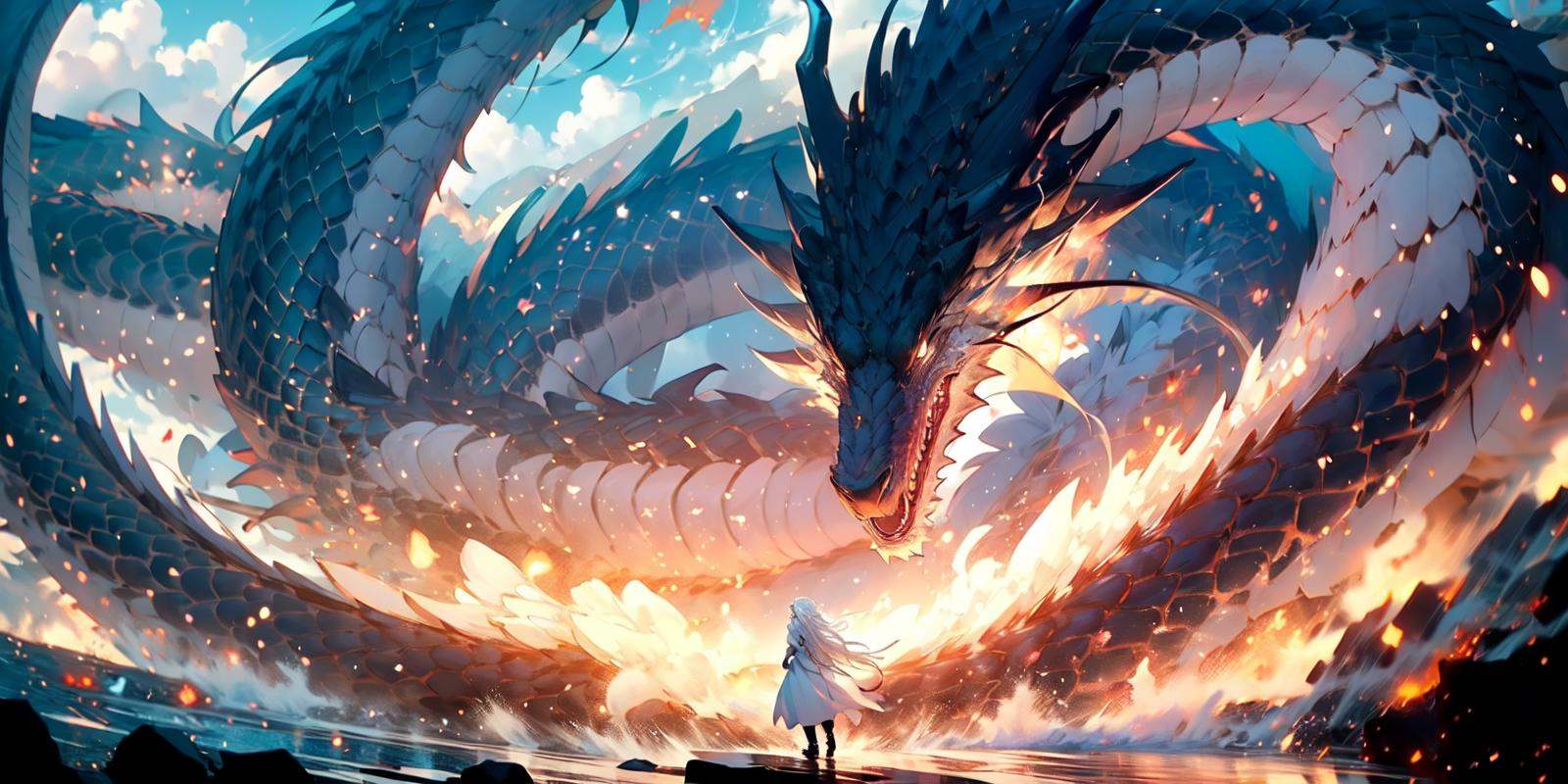 (masterpiece:1.2),best quality,PIXIV,Chinese dragon,dragon, fire, 1girl, long hair, sky, white hair, standing, dress, from behind, cloud, eastern dragon, outdoors<lora:Chinese dragon-000014:1>,