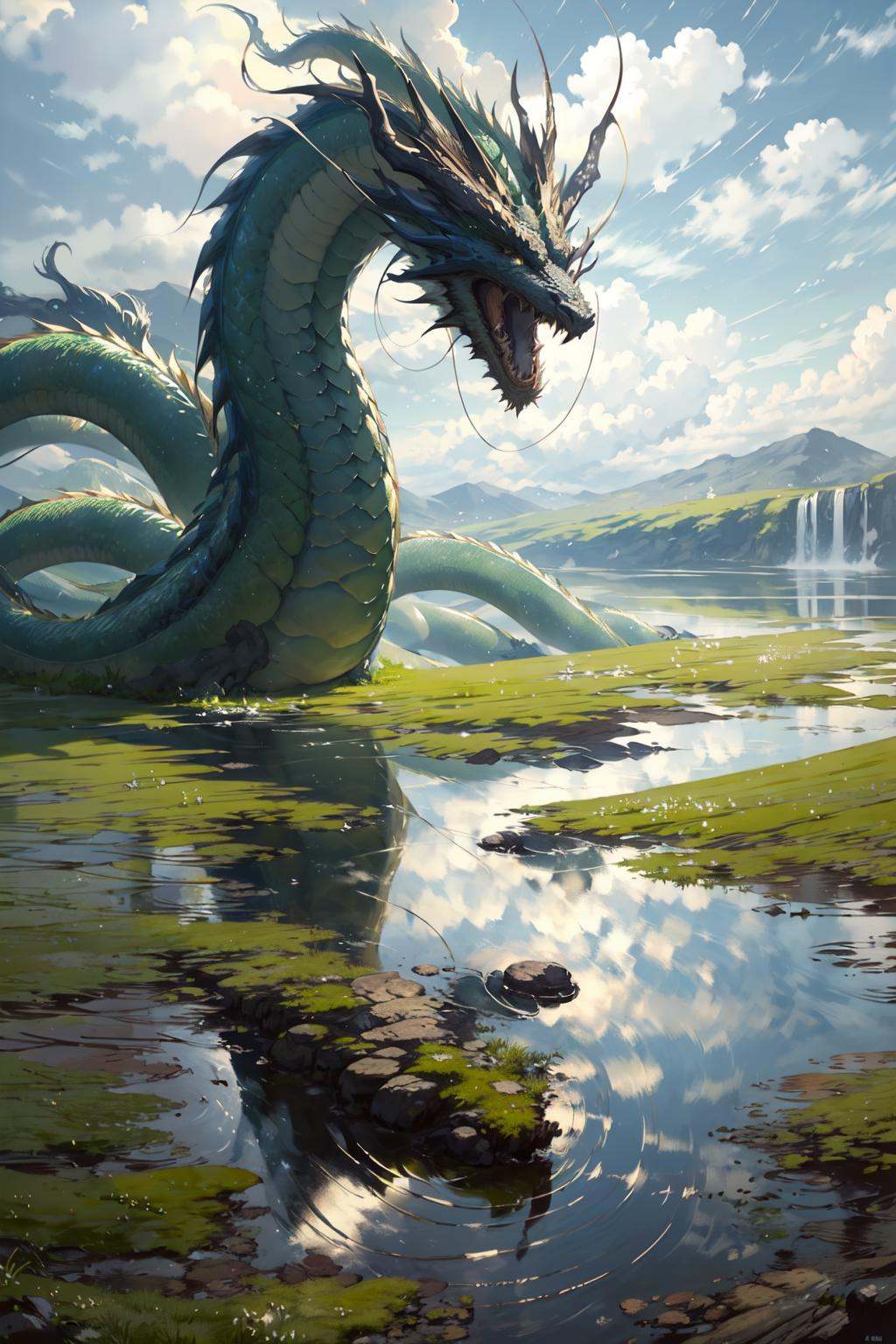 (masterpiece:1.2),best quality,PIXIV,Chinese dragon,cloud,outdoors,water,sky,cloudy sky,scenery,dragon,reflection,eastern dragon,grass,day,oversized animal,fantasy,<lora:Chinese dragon-000014:1>,