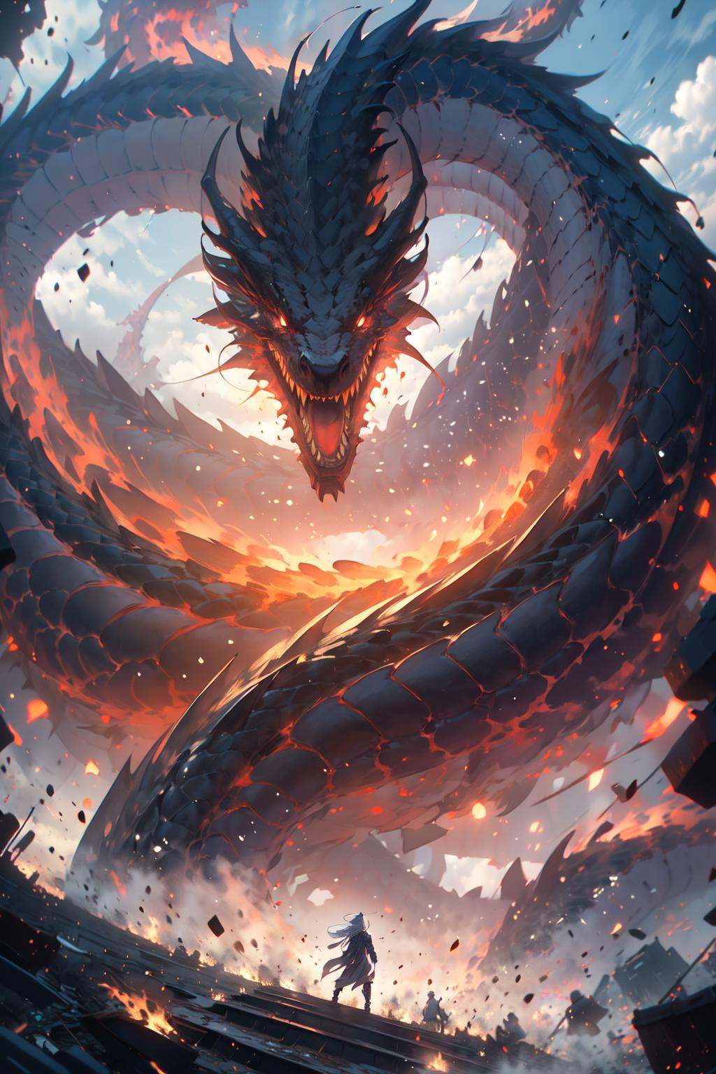 (masterpiece:1.2),best quality,PIXIV,Chinese dragon,fire, dragon, outdoors, sky, cloud, glowing eyes, glowing, standing, from behind, open mouth, building<lora:Chinese dragon-000014:1>,