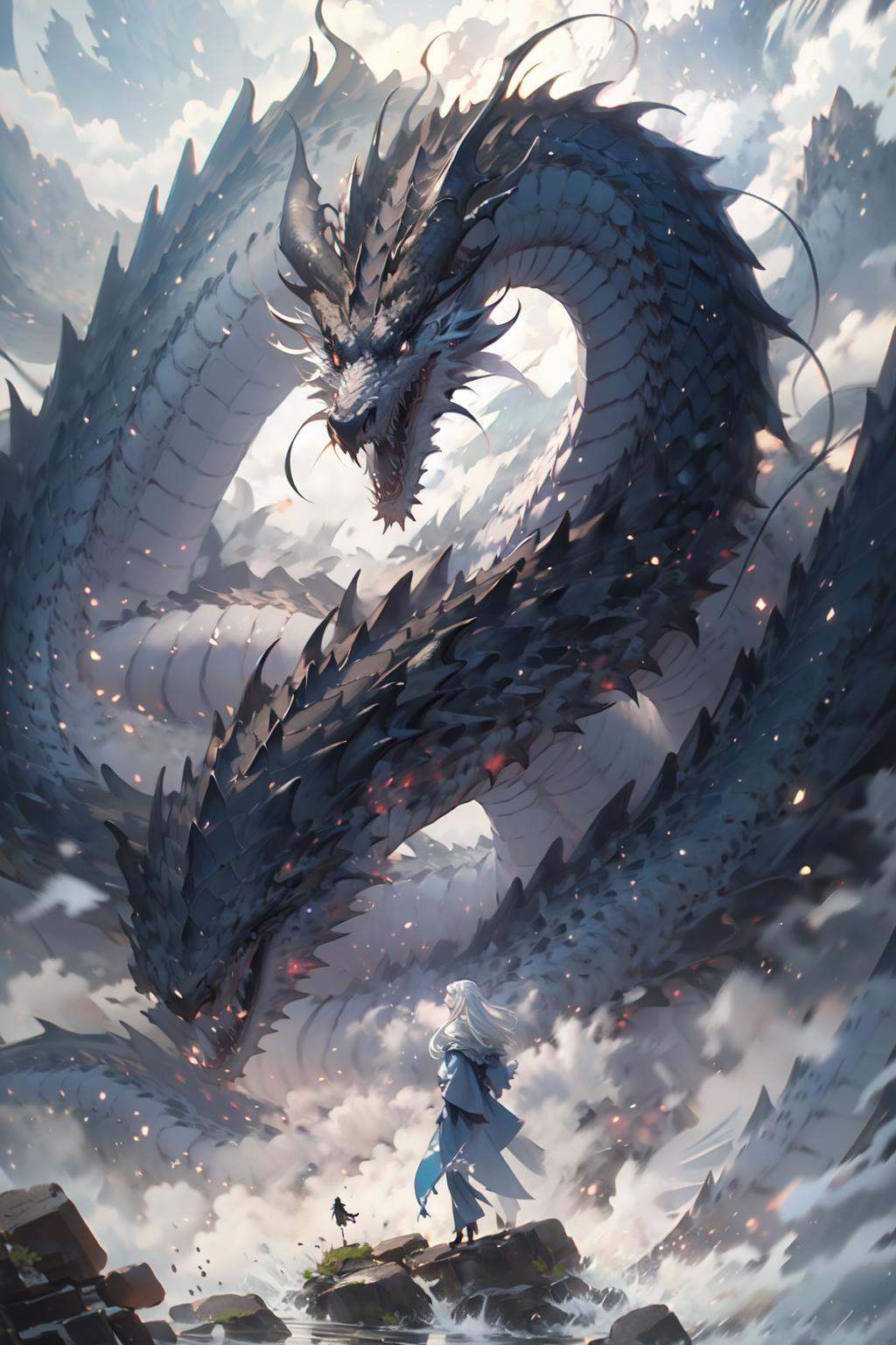 (masterpiece:1.2),best quality,PIXIV,Chinese dragon,dragon,long hair,white hair,horns,eastern dragon,standing,1girl,sharp teeth,robe,red eyes,1other,floating hair,rock,from behind,open mouth,<lora:Chinese dragon-000014:1>,