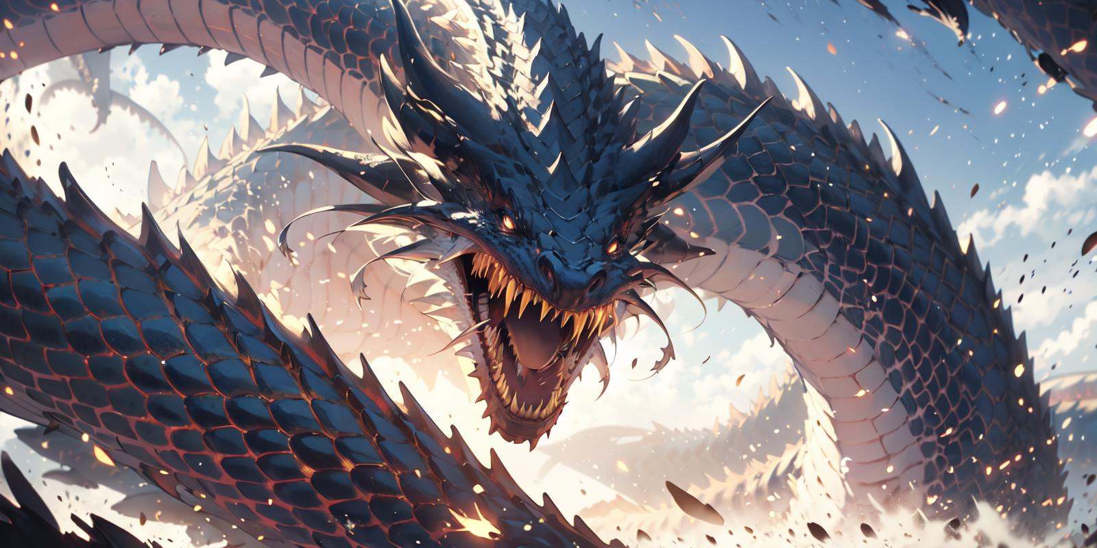 (masterpiece:1.2),best quality,PIXIV,Chinese dragon,letterboxed, dragon, open mouth, no humans, sky, horns, cloud, glowing, glowing eyes, teeth, outdoors, scales, wings, day, sharp teeth<lora:Chinese dragon-000014:1>,