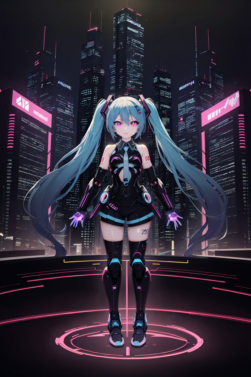 futuristic-style Hatsune Miku, cyberpunk elements, neon lights, holographic accessories, digital environment, advanced technology, robotic aesthetics, anime character, colorful hair, dynamic pose, urban backdrop, glowing eyes, virtual idol, high-tech fashion, immersive atmosphere, vibrant colors, future city skyline, cutting-edge design, stylish outfit, hologram effects, digital art, sci-fi elements, energetic vibe, youth culture, modern anime style, holographic display, illuminated cityscape, night scene, advanced gadgets, cool attitude, , masterpiece, best quality