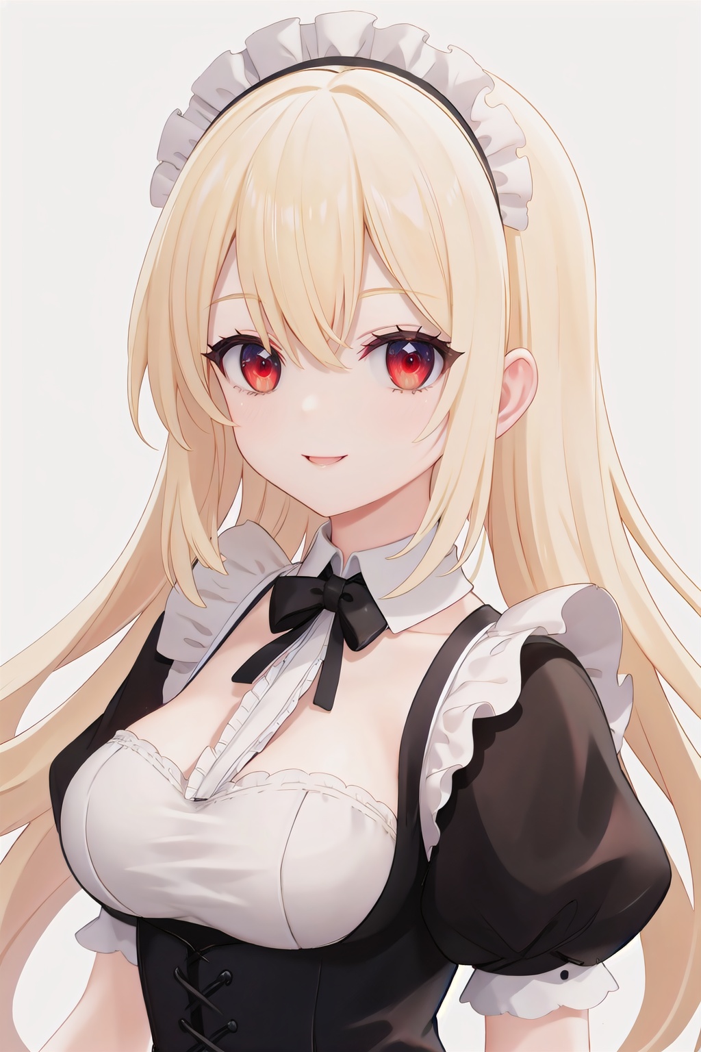 scales, big breasts, red eyes, blonde hair, white_background, victorian maid dress, upper_body, close-up, long hair, portrait, (looking at viewer:1.2), 😃
