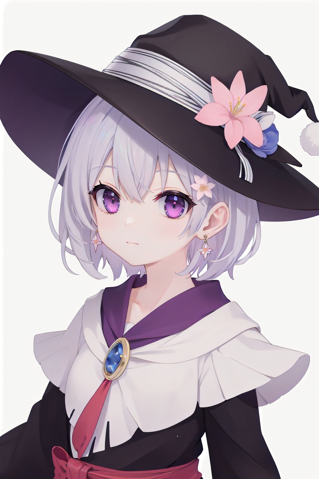 quality_best, style_onineko, (Distinct pupils)(Clear eyes), wizard hat, 1girl, solo, c, earrings, looking at viewer, flower, short hair, bangs, closed mouth, simple background, black headwear, white background, red flower, upper body, white hair, hair intakes, frills, purple eyes, hair ornament, expressionless, hat flower, eyelashes, best quality
