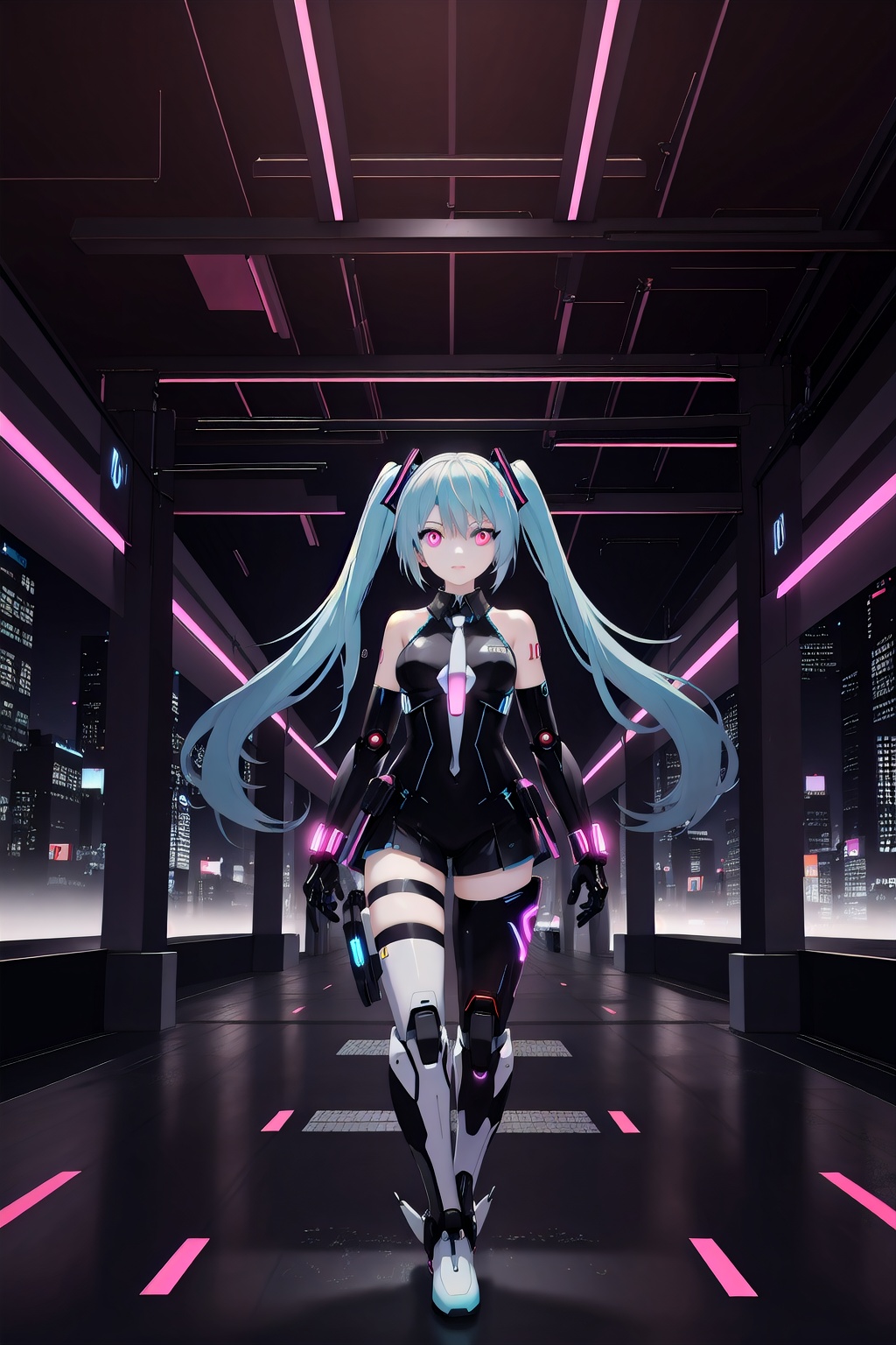 futuristic-style Hatsune Miku, cyberpunk elements, neon lights, holographic accessories, digital environment, advanced technology, robotic aesthetics, anime character, colorful hair, dynamic pose, urban backdrop, glowing eyes, virtual idol, high-tech fashion, immersive atmosphere, vibrant colors, future city skyline, cutting-edge design, stylish outfit, hologram effects, digital art, sci-fi elements, energetic vibe, youth culture, modern anime style, holographic display, illuminated cityscape, night scene, advanced gadgets, cool attitude, , masterpiece, best quality