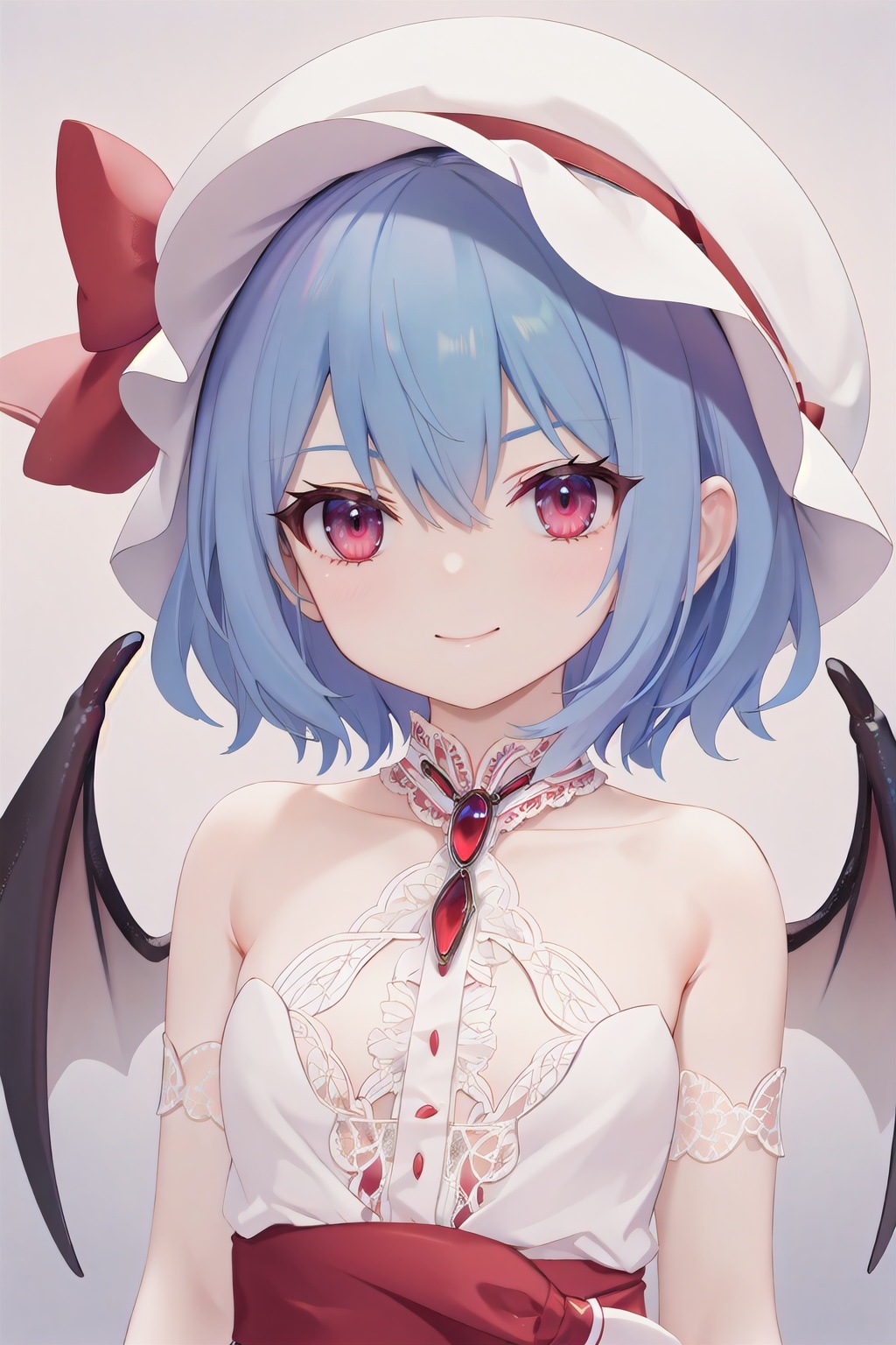 Remilia Scarlet, zun hat, extremely detailed lace, :), upper body, arms at sides, lace, Blue hair