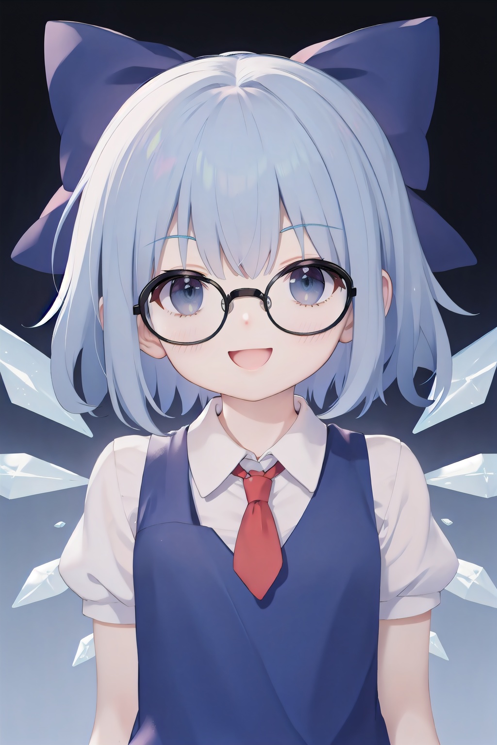 Cirno, upper body, arms at sides, Black-rimmed glasses, 😃
