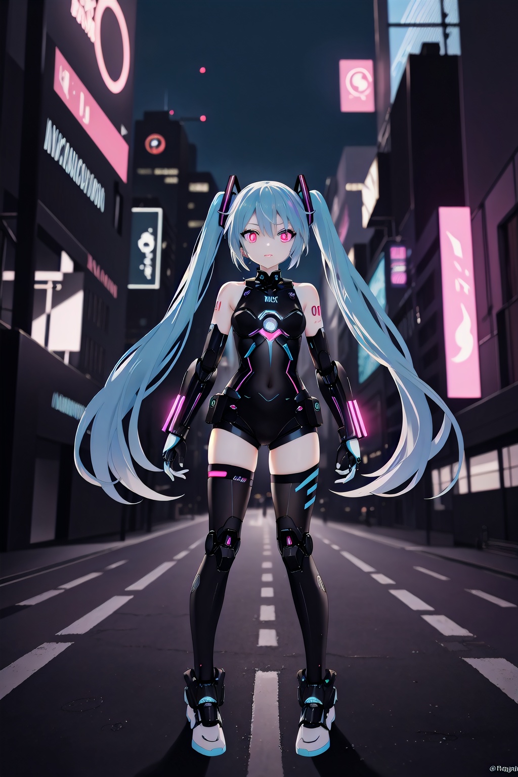 futuristic-style Hatsune Miku, cyberpunk elements, neon lights, holographic accessories, digital environment, advanced technology, robotic aesthetics, anime character, colorful hair, dynamic pose, urban backdrop, glowing eyes, virtual idol, high-tech fashion, immersive atmosphere, vibrant colors, future city skyline, cutting-edge design, stylish outfit, hologram effects, digital art, sci-fi elements, energetic vibe, youth culture, modern anime style, holographic display, illuminated cityscape, night scene, advanced gadgets, cool attitude, , masterpiece, best quality