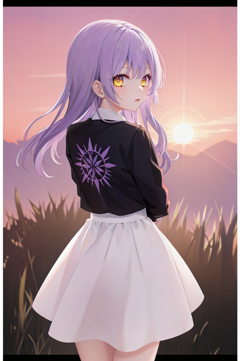 from above, from behind, cowboy shot, turn to look at viewer, (1girl:1.2), (purple hair:1.2), long hair, yellow eyes, black jacket, white dress, arms behind, (backlighting:1.2), glowing eyes, Dawn and dusk, sunset, twilight, (gradient sky:1.3), (dark sky:1.14), red sky, orange sky, pink background, outdoors, sun above horizon, (white border:1.5), (purple flower:0.7)