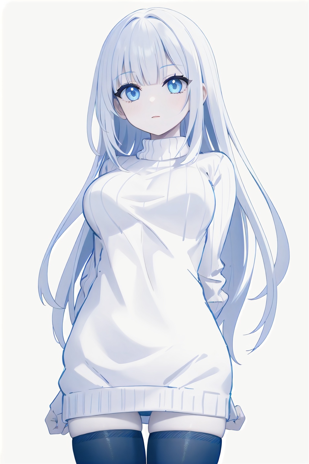 arms behind back, 1girl, bangs, blunt_bangs, breasts, from_below, blue, Blue pen, long_hair, looking_at_viewer, monochrome, ribbed_sweater, simple_background, , solo, white_background, no legwear, long sweater