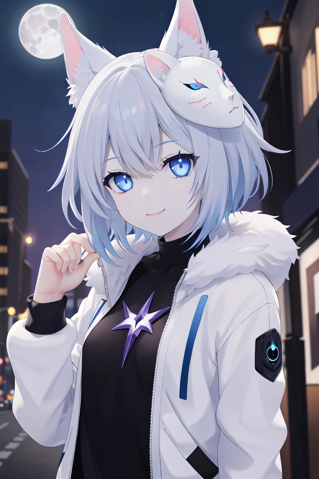 best quality, masterpiece, 1girl, solo, solo focus, , kindred, lamb, (white fur:1.2), (white skin), (unmasked), blue eyes, glowing eyes, upper body, small breasts, mask on head,
looking at viewer, light smile, closed mouth, blue fire, shirt, jacket, white jacket,
outdoors, city, street, night, full moon
