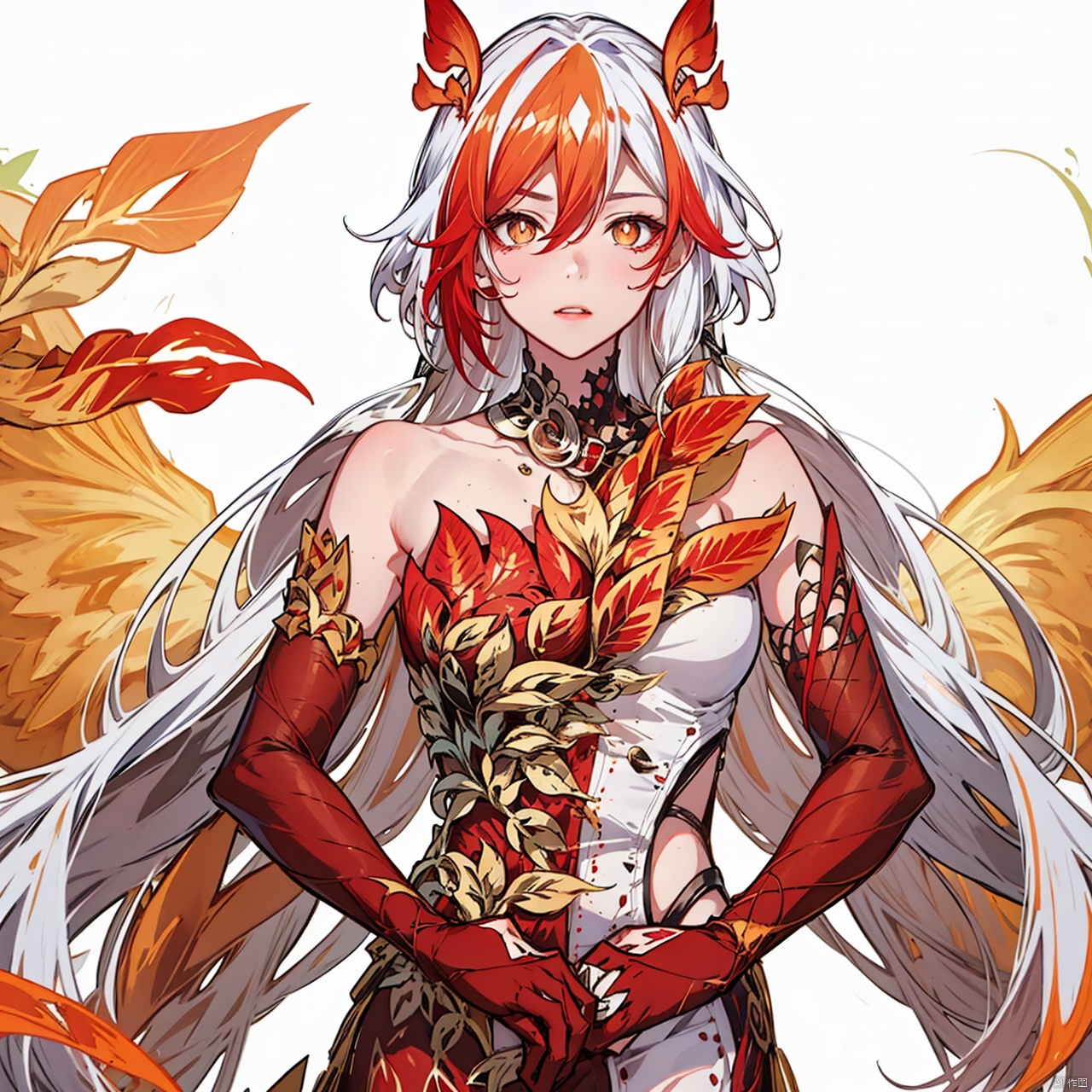  (masterpiece:1.3), (the best quality:1.2), (super fine illustrations:1.2), (Masterpiece), high quality, high detail,(white background:1.2), looking at viewer, (SOLO:1.4),outline,,simple background,gauntlets, mechanical parts, white skin, phoenix, shorts, collarbone, jewelry, twintails, eyelashes, elbow gloves,armor,red legwear,thighhighs,boots,facial mark,head wings,red gloves,two-tone hair,earrings,gloves,tassel,leotard,skirt,dress,elbow gloves,twintails,bare shoulders,tattoo,phoenix,ribbon,red ribbon,bangs,white hair,orange eyes,streaked hair,fu hua,orange hair,fiery hair,hair between eyes,multicolored hair,fiery wings,jewelry,hair ornament,gloves,hair ribbon,pattern on hair,logo,yellow pupils,diamond shaped pupils
