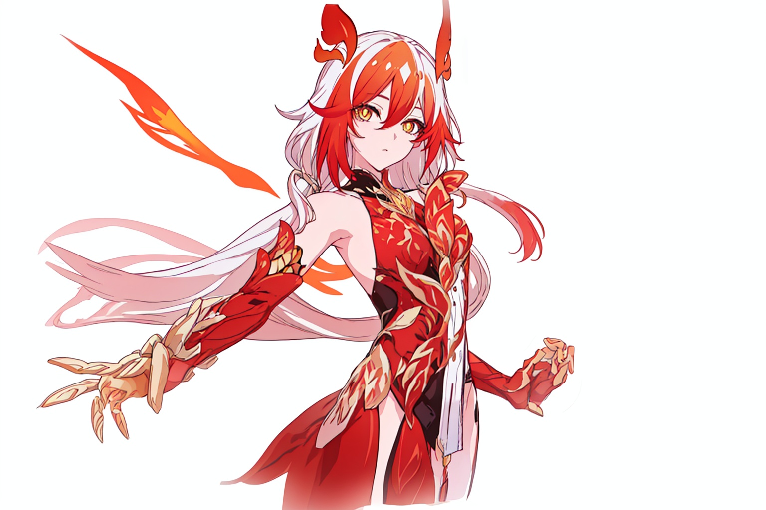 (masterpiece:1.3), (the best quality:1.2), (super fine illustrations:1.2), (Masterpiece), high quality, high detail,(white background:1.2), looking at viewer, (SOLO:1.4),outline,,simple background,gauntlets, mechanical parts, white skin, phoenix, shorts, collarbone, jewelry, twintails, eyelashes, elbow gloves,armor,red legwear,thighhighs,boots,facial mark,head wings,red gloves,two-tone hair,earrings,gloves,tassel,leotard,skirt,dress,elbow gloves,twintails,bare shoulders,tattoo,phoenix,ribbon,red ribbon,bangs,white hair,orange eyes,streaked hair,fu hua,orange hair,fiery hair,hair between eyes,multicolored hair,fiery wings,jewelry,hair ornament,gloves,hair ribbon,pattern on hair,logo,yellow pupils,diamond shaped pupils